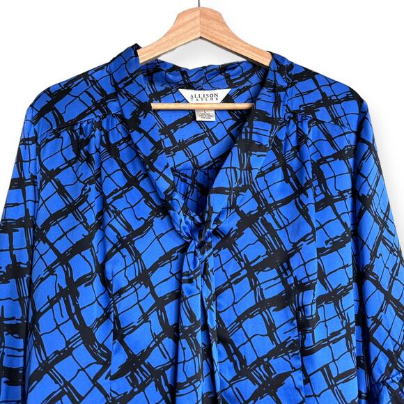 Vintage Allison Taylor 100% Silk Blue Tie Neck Balloon Sleeve Blouse Women's L - Picture 3 of 8